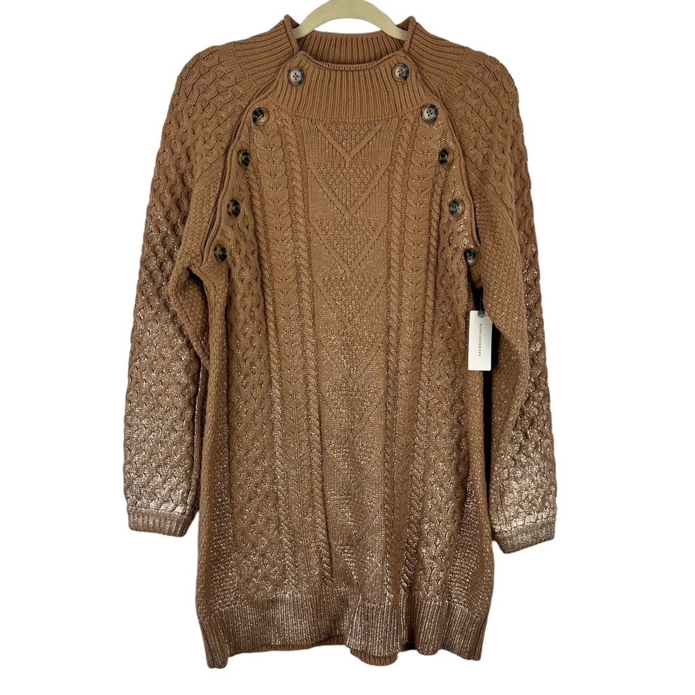 NWOT Pilcro Anthropologie Sz S Tan Gold Metallic Cable Knit Tunic Sweater
